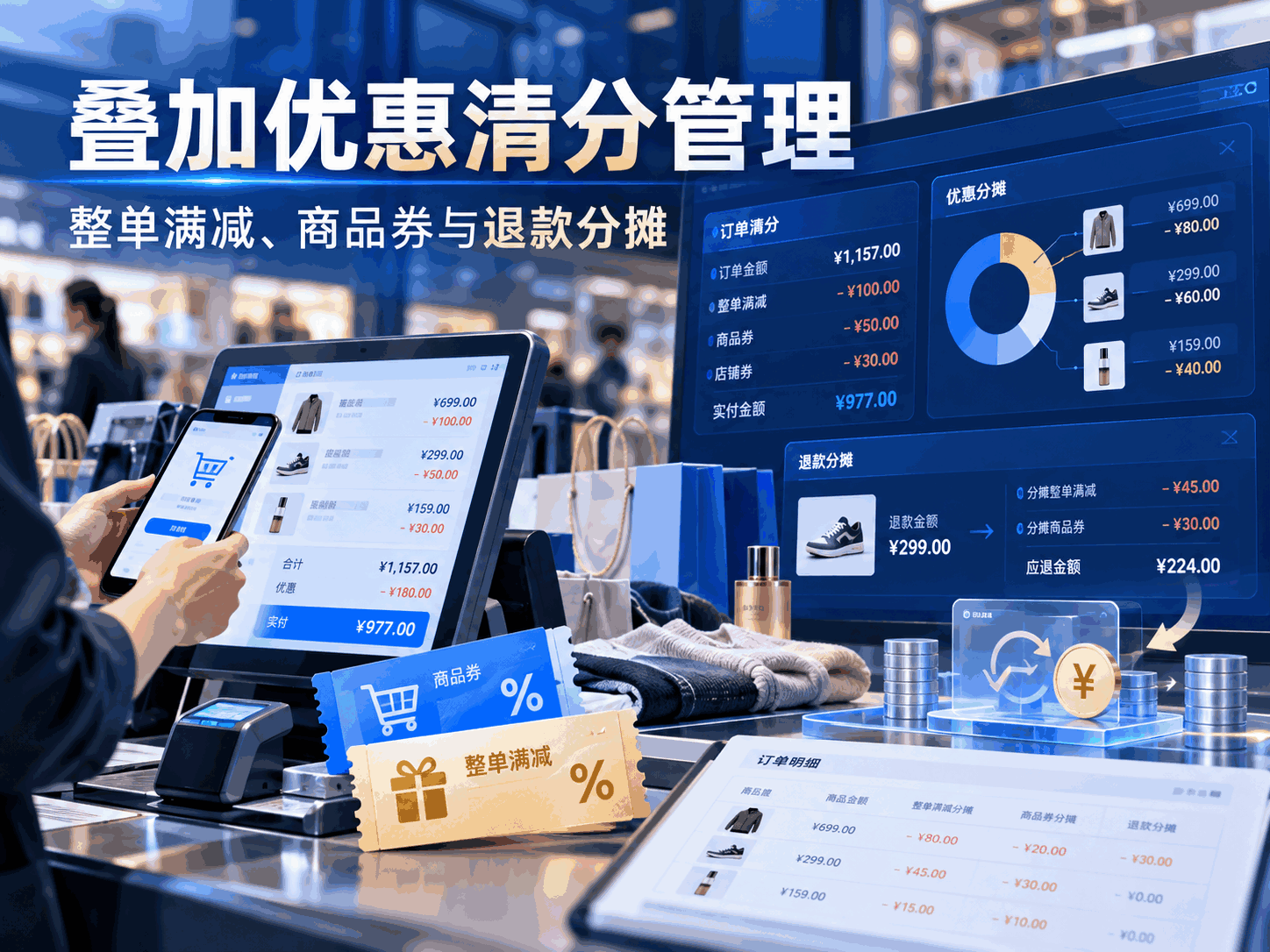 叠加优惠清分管理｜整单满减、商品券与退款分摊