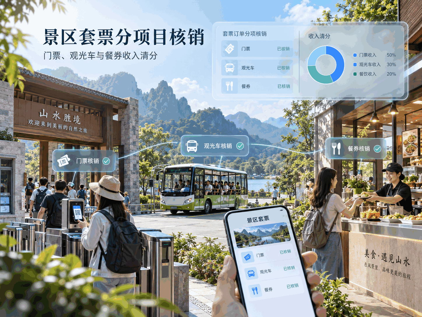 景区套票分项目核销｜门票、观光车与餐券收入清分
