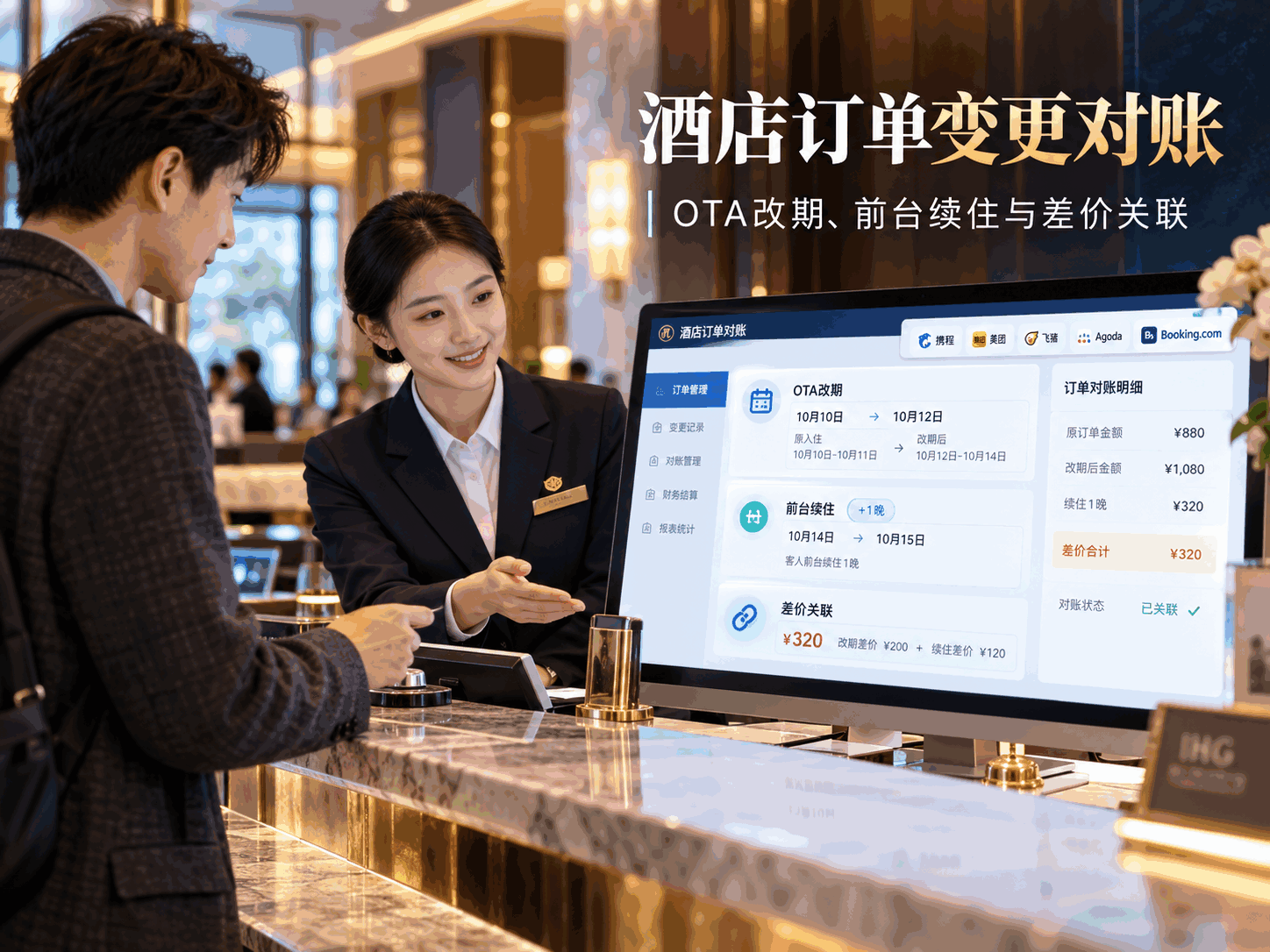 酒店订单变更对账｜OTA改期、前台续住与差价关联