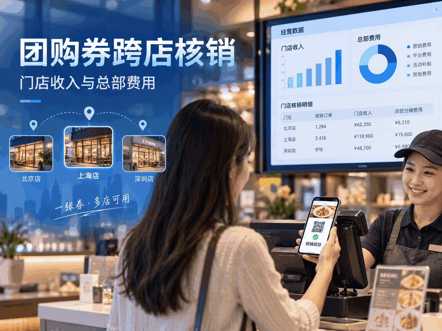 抖音美团团购券跨门店核销｜门店收入与总部费用计算